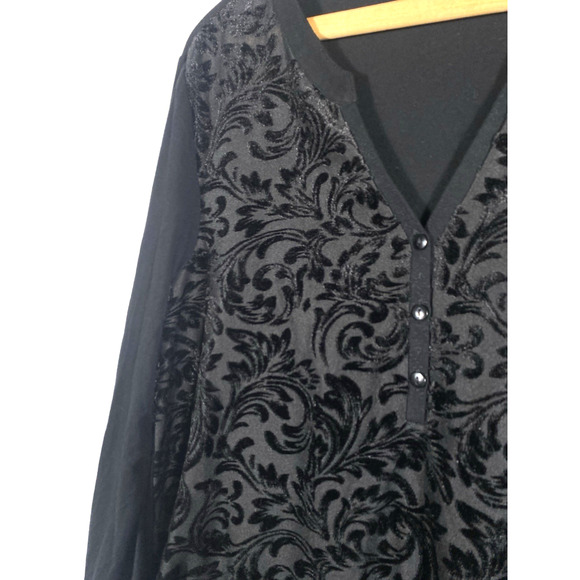 Cable & Gauge Velvet Burnout Top Henley Medium Black Whimsigoth Dk Romantic Y2K - Picture 4 of 10